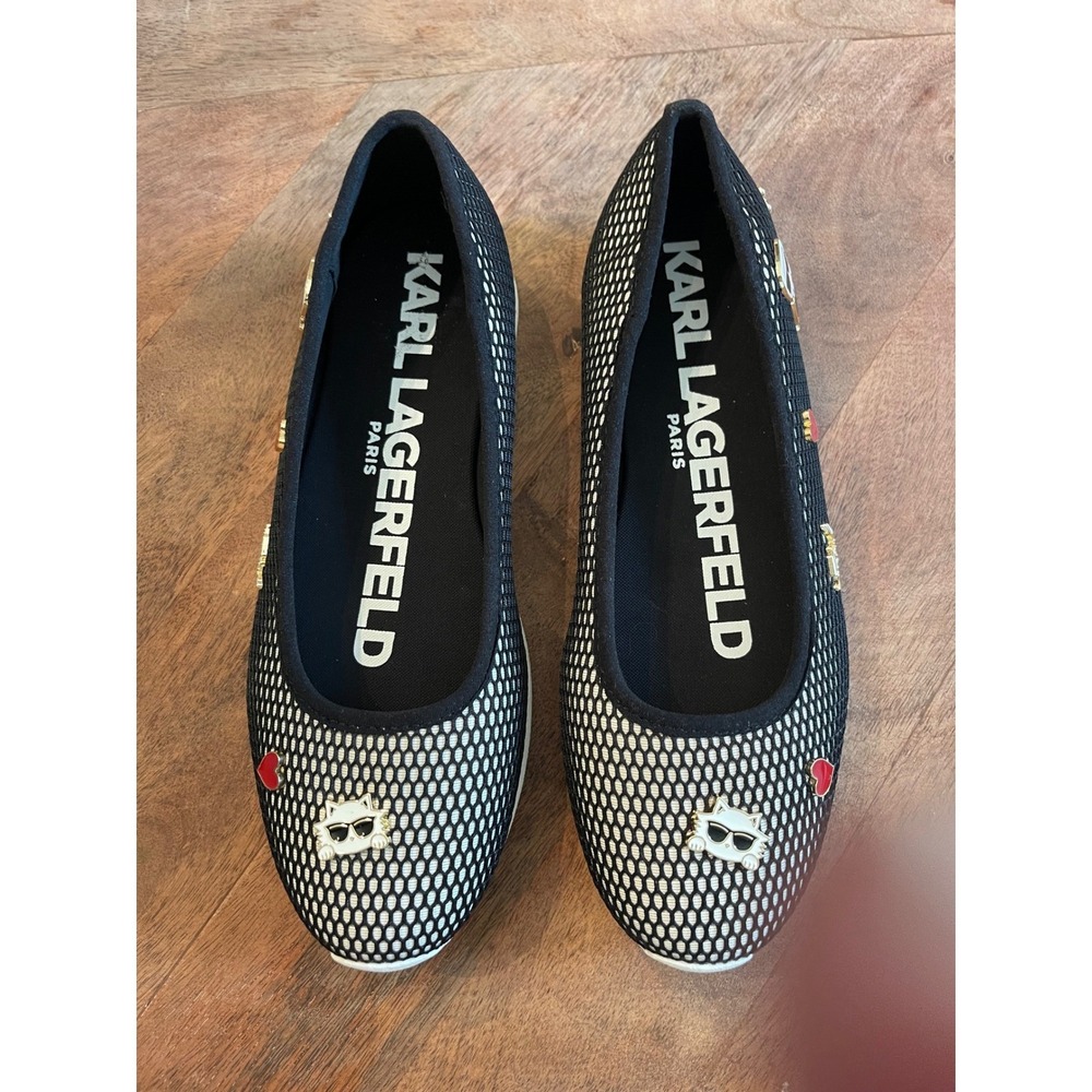 Karl Lagerfeld Paris Womens Black Mesh Embellished Ballet Flats Size 9.5 - Picture 2 of 7